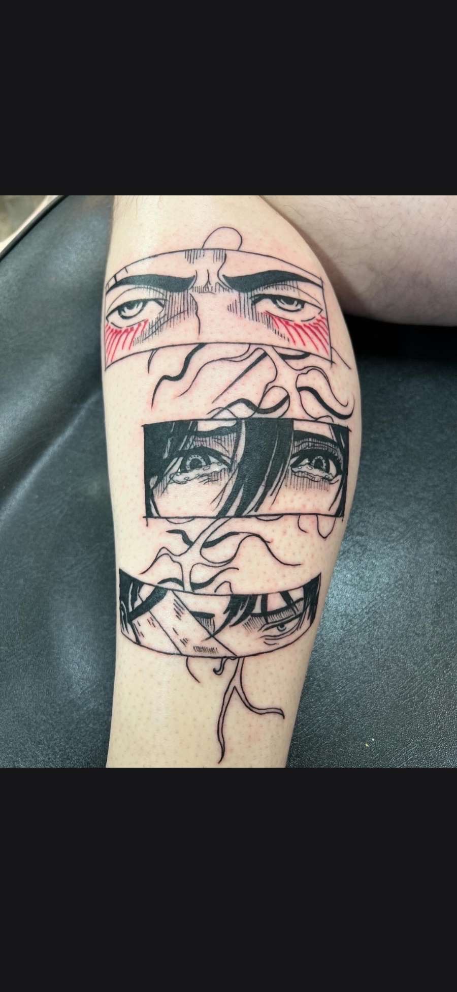 Anime manga panel calf tattoo with red tear accents