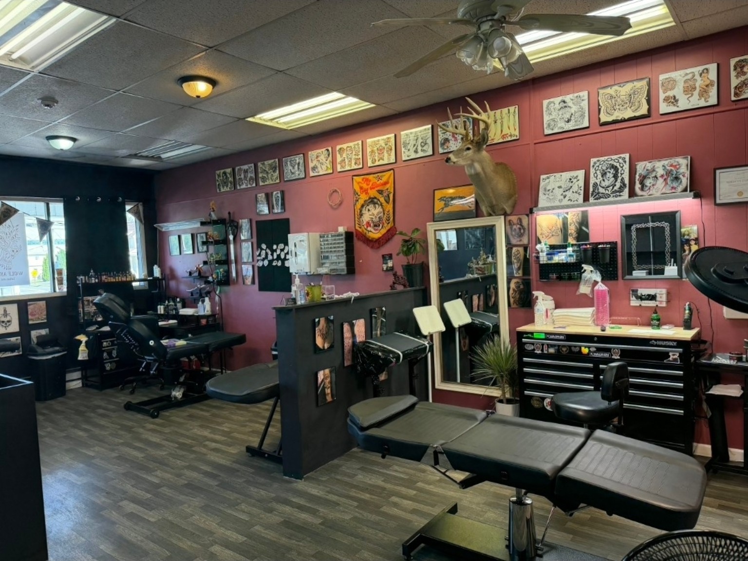 Wolf & Thorn tattoo studio interior in Penn Yan, with tattoo chairs, framed flash art, and a mounted deer head on pink walls